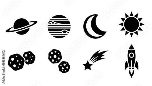 Space Icons: Planets, Sun, Moon, Rocket, Asteroids, Comet, Space Travel