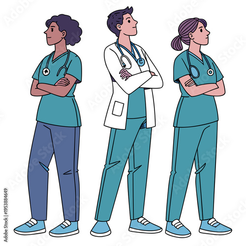 Three confident medical professionals standing with arms crossed in teal scrubs and white lab coat