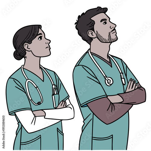 Two medical professionals standing with arms crossed looking up, doctors or nurses in teal scrubs and stethoscopes