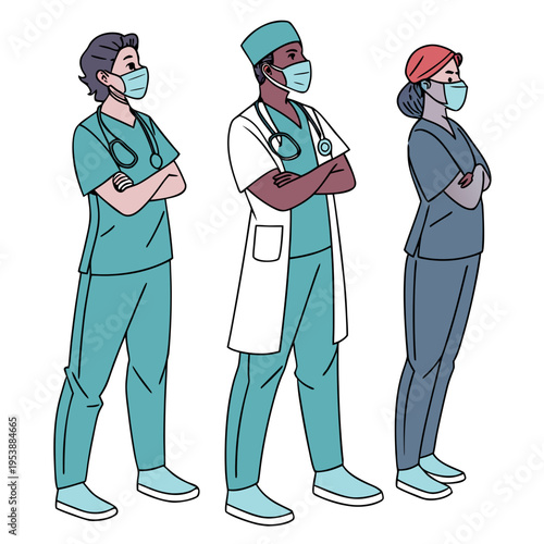 Three medical professionals wearing face masks and scrubs standing with arms crossed
