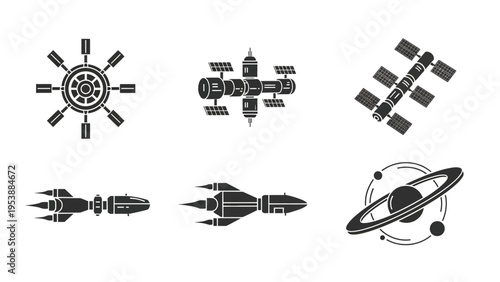 Space Icons: Spaceships, Space Station, and Planet with Rings