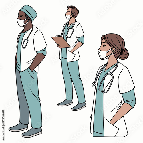 Three medical professionals wearing face masks and scrubs standing in different poses