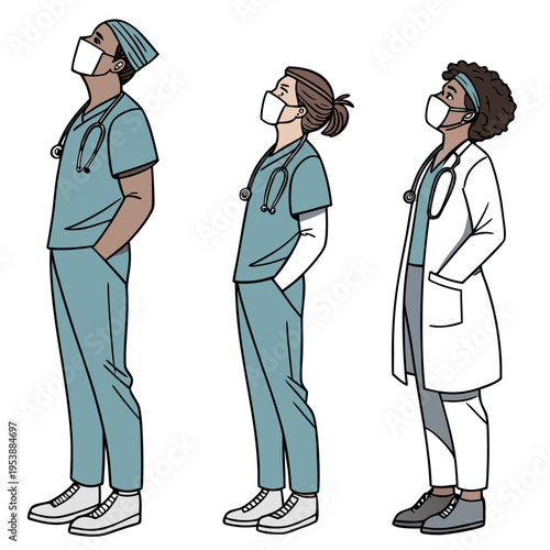 Three diverse medical professionals wearing face masks standing in scrubs and lab coat