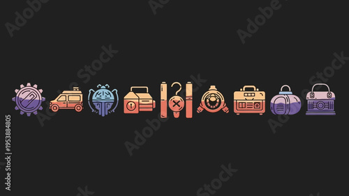 Steampunk Icons: Gear, Van, Backpack, Toolbox, Batteries, Hook, Radio, Duffel Bag