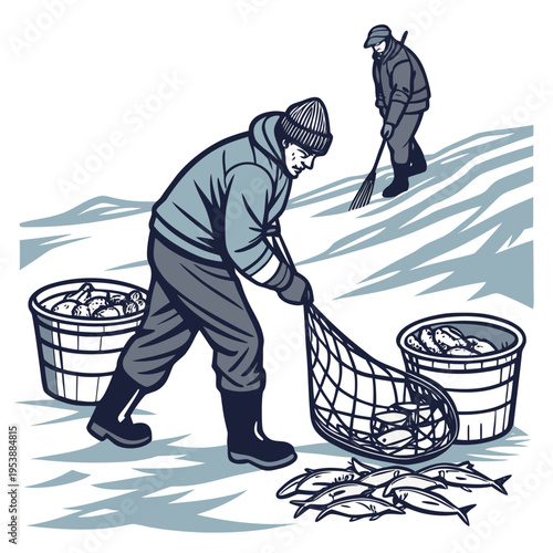 Two men ice fishing on a frozen lake with buckets and nets, catching fish in winter