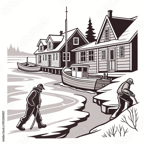 Black and white illustration of two men ice fishing on frozen lake near wooden houses and boats