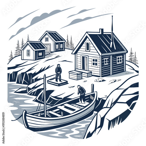 A black and white illustration of a snowy village with a boat on the water and two men standing on the shore near houses