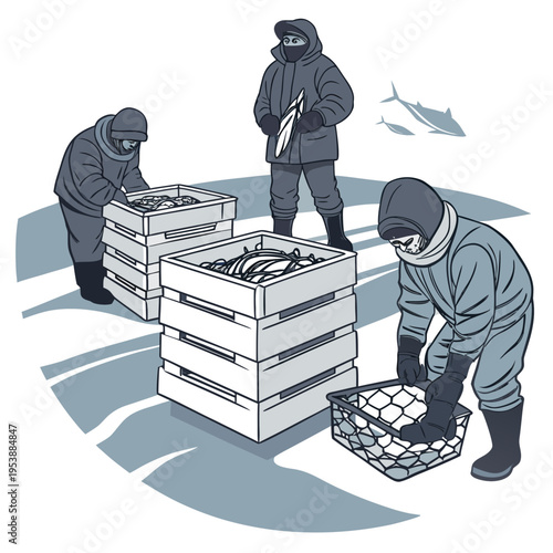 Three workers in protective gear handling fish crates on ice with