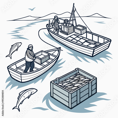 Illustration of fishermen on boats with a crate of fish in the water with mountains