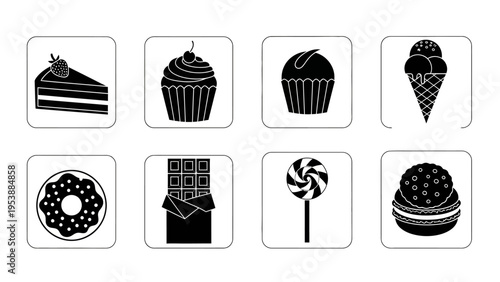 Sweet Desserts Icons: Cake, Cupcakes, Ice Cream, Donut, Chocolate, Lollipop, Macaron
