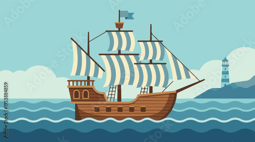 Foto Vintage sailing ship with striped sails on the ocean, lighthouse in background