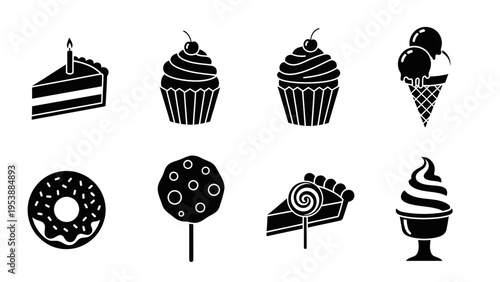 Sweet Desserts Icons: Cake, Cupcake, Ice Cream, Donut, Lollipop, Pie