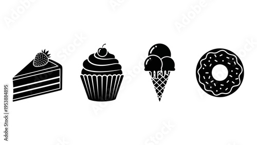 Sweet Treats Icons: Cake Slice, Cupcake, Ice Cream Cone, Donut