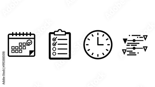 Time Management Icons: Calendar, Checklist, Clock, and Settings