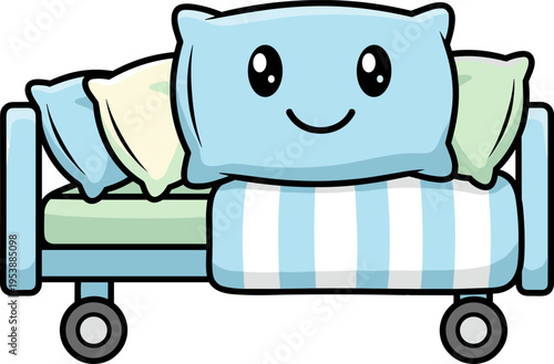 Cute Cartoon Blue Pillow Bed With Four Pillows and Striped Blanket