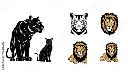 Tiger and Lion Vector Icons: Majestic Big Cats Collection