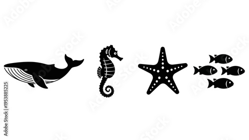 Whale, Seahorse, Starfish, and Fish Silhouettes