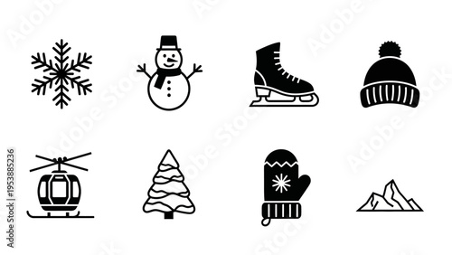 Winter Icons Set: Snowflake, Snowman, Ice Skate, Beanie, Helicopter, Tree, Mitten, Mountains
