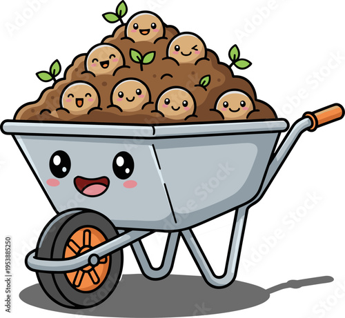 Cute Cartoon Wheelbarrow Full Of Happy Potatoes With Sprouting Green Leaves