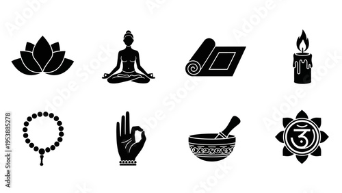Yoga and Meditation Icons: Lotus, Om, Candle, Prayer Beads, Singing Bowl, Yoga Mat