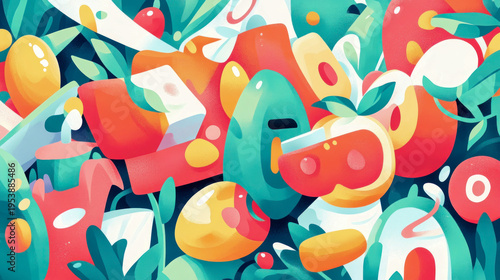Vibrant Abstract Organic Forms and Stylized Natural Elements in Playful Modern Flat Design Illustration. Bright Gradients, Subtle Grainy Textures, and Energetic, Fresh Aesthetic for Contemporary Visua