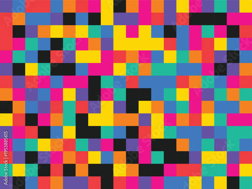 A vibrant digital mosaic pattern featuring an array of colorful square blocks