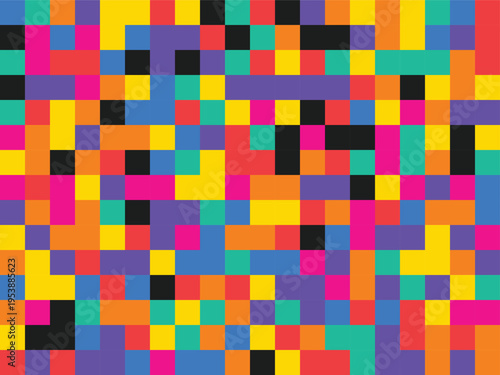 A vibrant digital mosaic featuring a colorful array of abstract geometric pixel squares