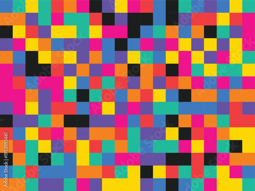 Vibrant mosaic background featuring a colorful array of square pixel patterns