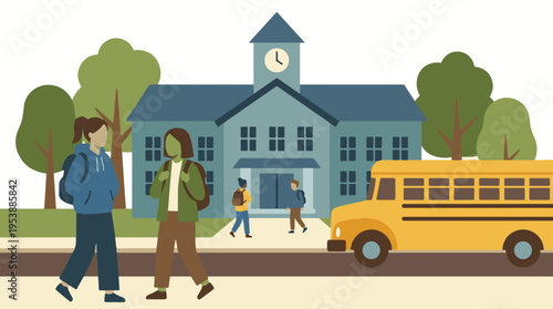 Students walking to school, with a school building and bus in the background