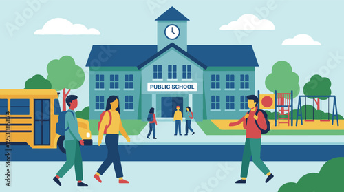 Happy diverse students returning to public school with bus and playground