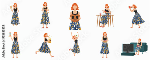 Minimalist Flat Illustration of Woman in Different Activities Lifestyle Set