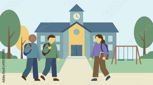 Students walking to school with backpacks, a school building and playground