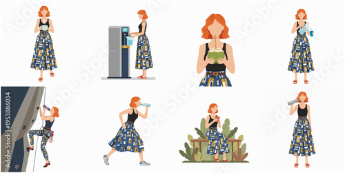Flat Illustration of Female Character Doing Various Activities Lifestyle