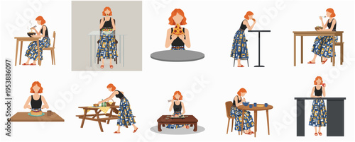 Flat Style Various Dining Scene Woman Eating Food Illustration Set