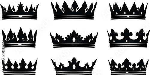 Collection of nine distinctive crown silhouettes in black