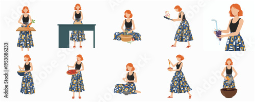 Flat Illustration Set of Woman Cooking Various Dishes in Different Poses