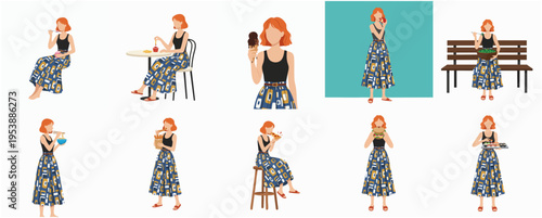 Flat Style Redhead Woman Different Poses Eating Food and Using Phone Illustration