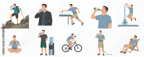 Diverse Flat Illustration of Man Drinking in Different Situations Lifestyle