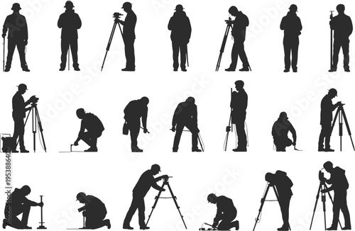 Black silhouette vector illustrations of land surveyors using theodolite, total station, and measuring equipment in various poses for construction, mapping, engineering, and educational design themes