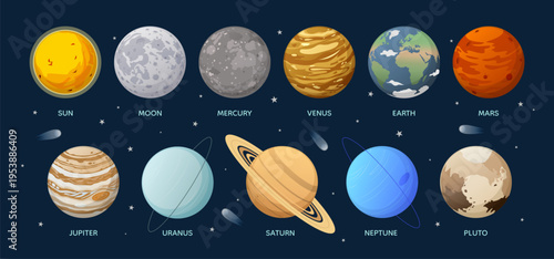 Set of solar system planets and celestial bodies. Outer space vector illustration