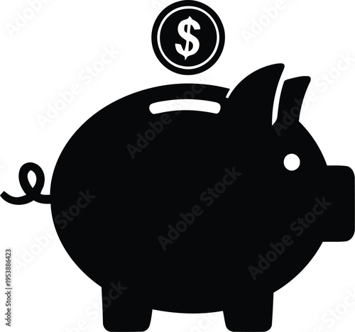 Black piggy bank silhouette with coin savings concept