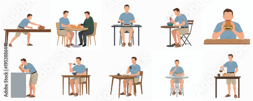 Flat Style Illustration Set of Man Eating in Various Poses and Places