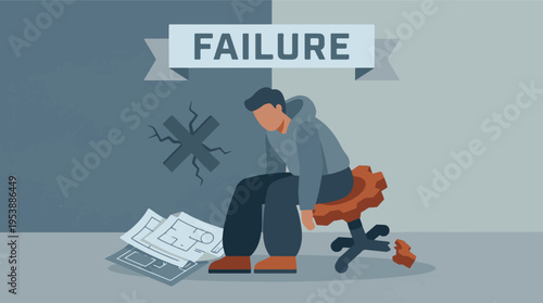 Dejected man sits on broken chair after experiencing professional failure