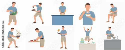 Flat Style Various Cooking and Food Preparation Activity Man Character Set