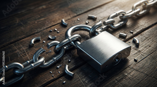 Broken Padlock and Chain Security Breach Concept with Cyber Attack and Data Protection Failure