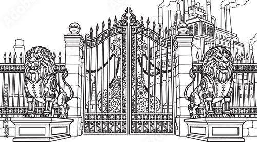 Elaborate Ornate Industrial Gate with Majestic Lion Statues Guarding the Entrance to a Vintage Factory Complex, Detailed Line Art Illustration