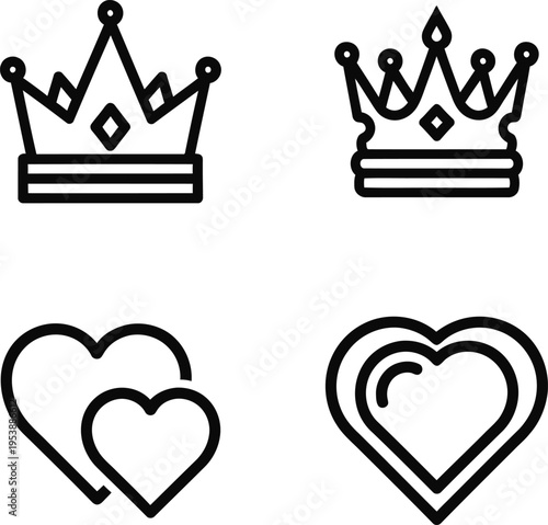 A set of four black line icons featuring crowns and hearts on a white background