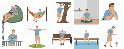Minimalist Style Diverse Man Enjoying Leisure Time Doing Relaxing Activities Illustration