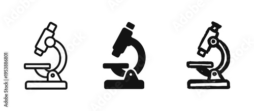 Microscope Icon Set with Outline, Solid, and Hand-Drawn Styles. Science Laboratory Equipment and Research Symbols.