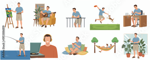 Flat Illustration Set of Man Doing Hobby and Relaxing Activity in House